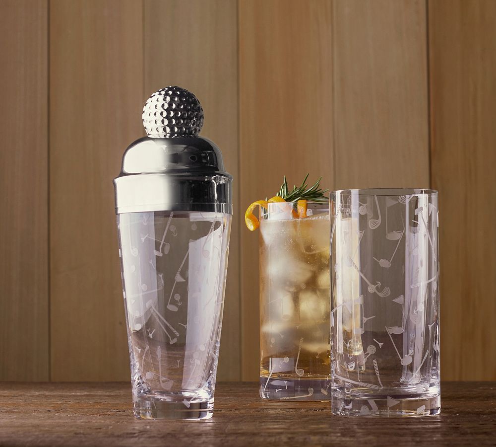 Figural Golf Cocktail Shaker &amp; Highball Glasses