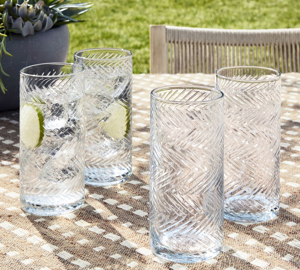 Sweet July Herringbone Handcrafted Glass Highball Drinking Glasses - Set of 4