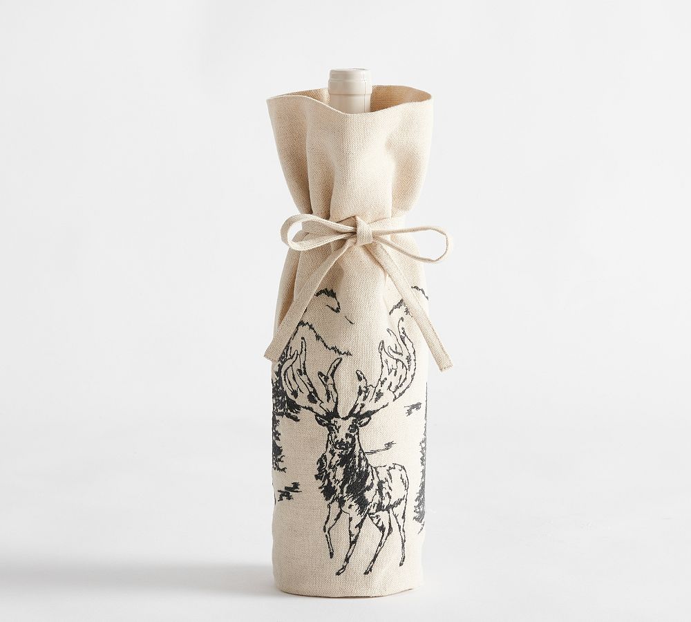 Rustic Forest Embroidered Cotton/Linen Wine Bag