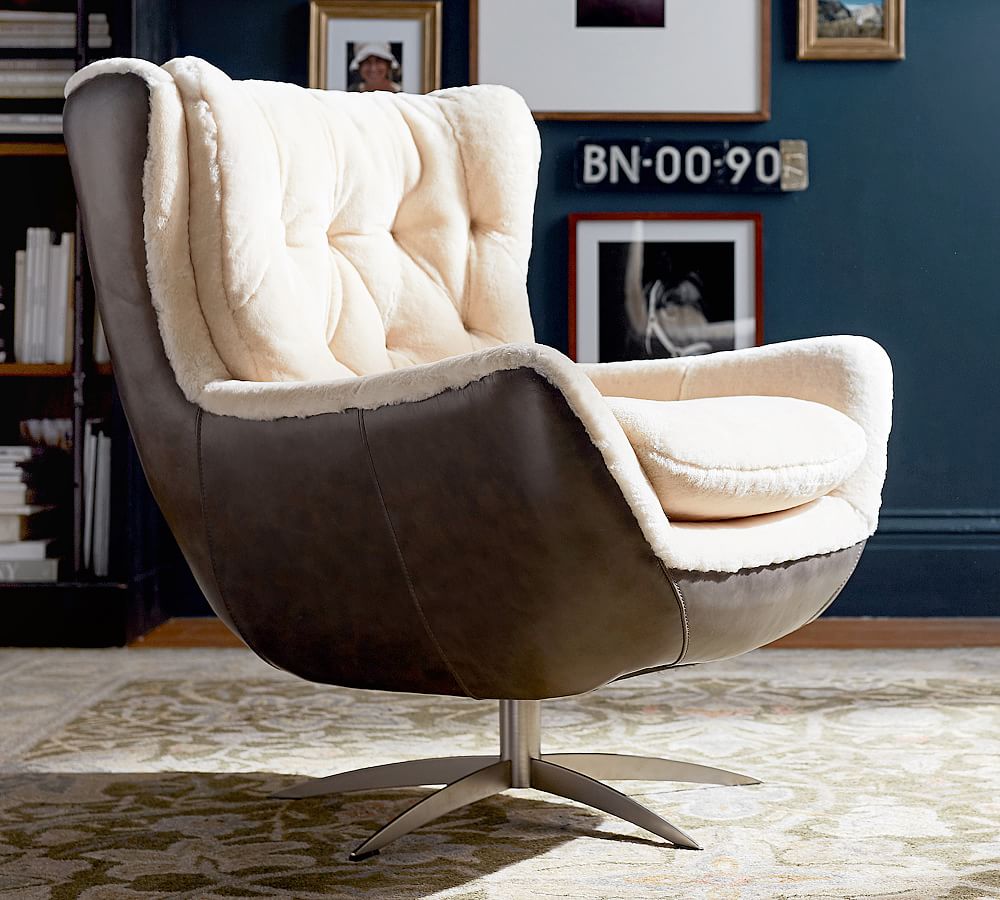 Wells Tufted Leather Shearling Swivel Armchair