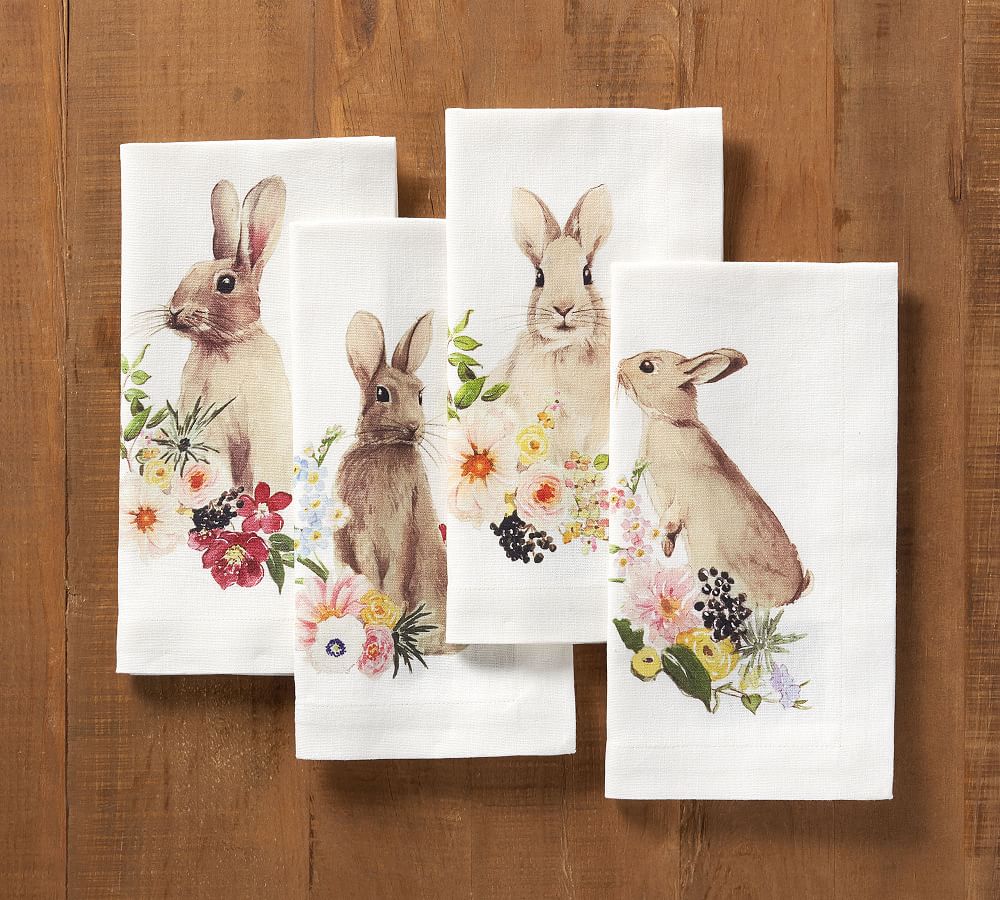 Floral Bunny Napkins, Set of 4 - Assorted