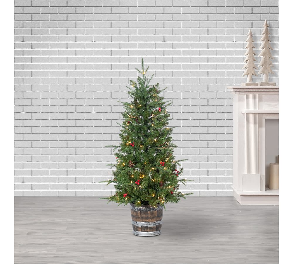 Lit Potted Faux Natural Cut Hudson Pine Tree with Red Berries