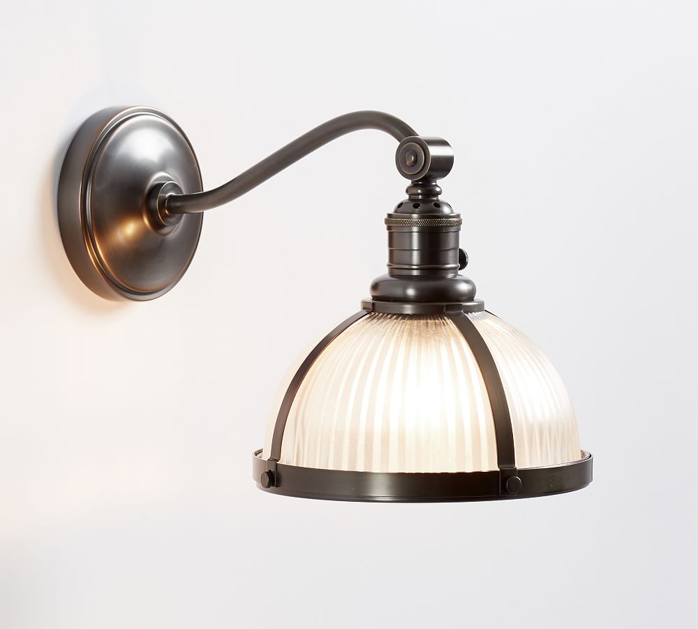 Curved Arm Industrial Ribbed Glass Sconce