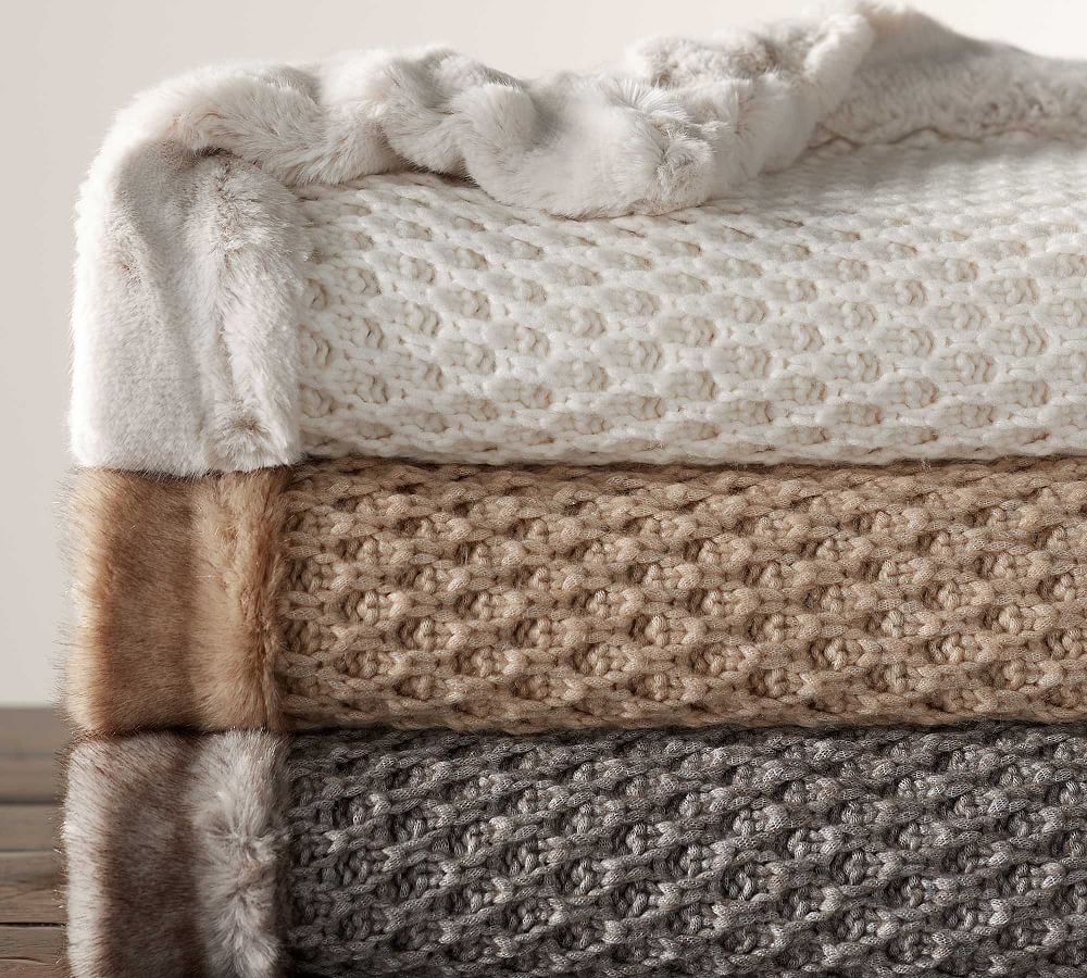 Crochet Knit Fur Trim Throw Blanket
