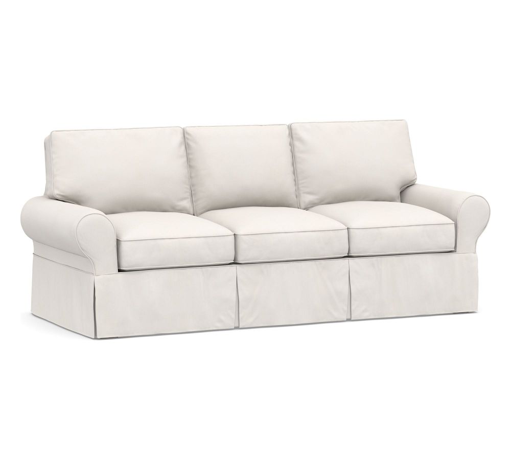 PB Basic Slipcovered Sleeper Sofa with Memory Foam Mattress, Polyester Wrapped Cushions, Denim Warm White