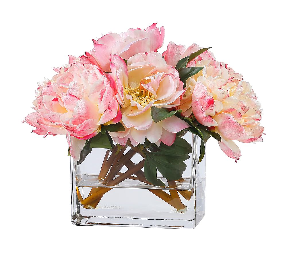 Faux Peonies in Square Glass Vase