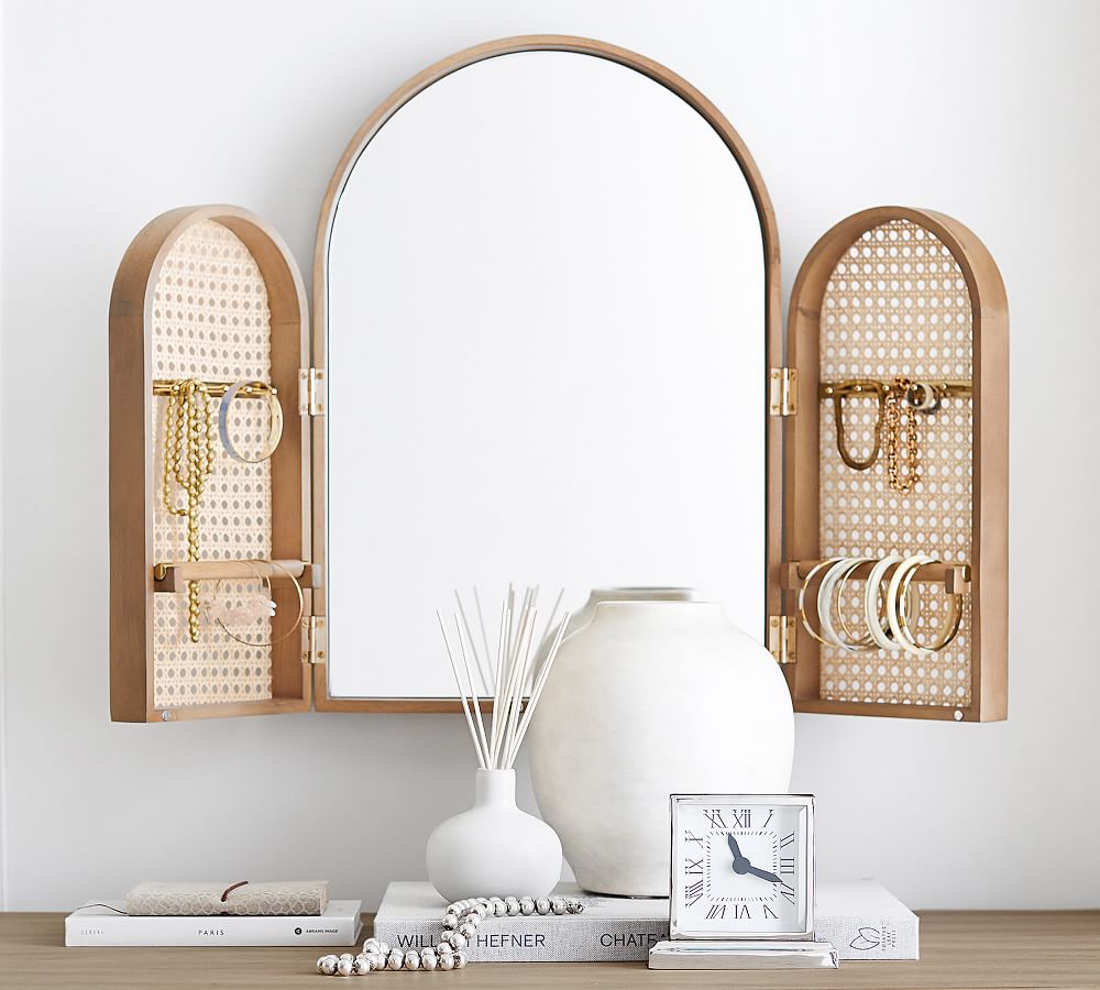 Tri-Fold Mirror with Caned Jewelry Holder