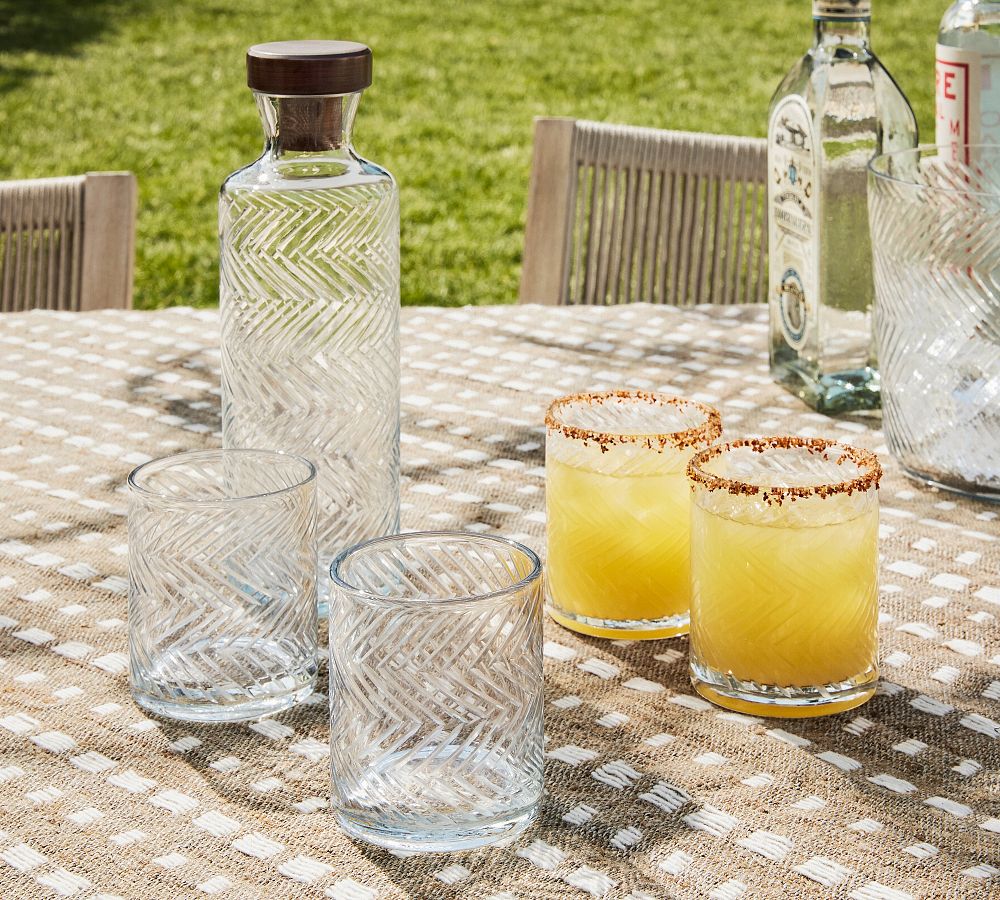 Sweet July Herringbone Handcrafted Glass Decanter &amp; Double Old Fashioned Glasses