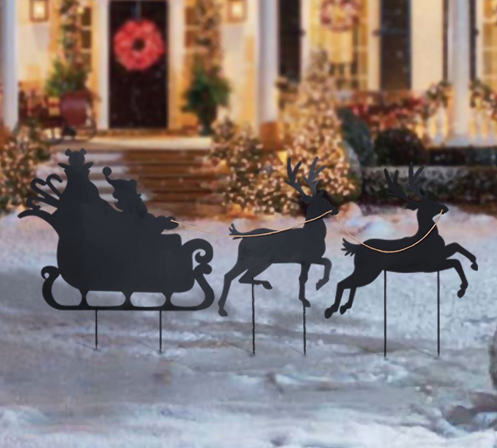 Metal Santa Reindeer Sleigh Outdoor Yard Stakes Set
