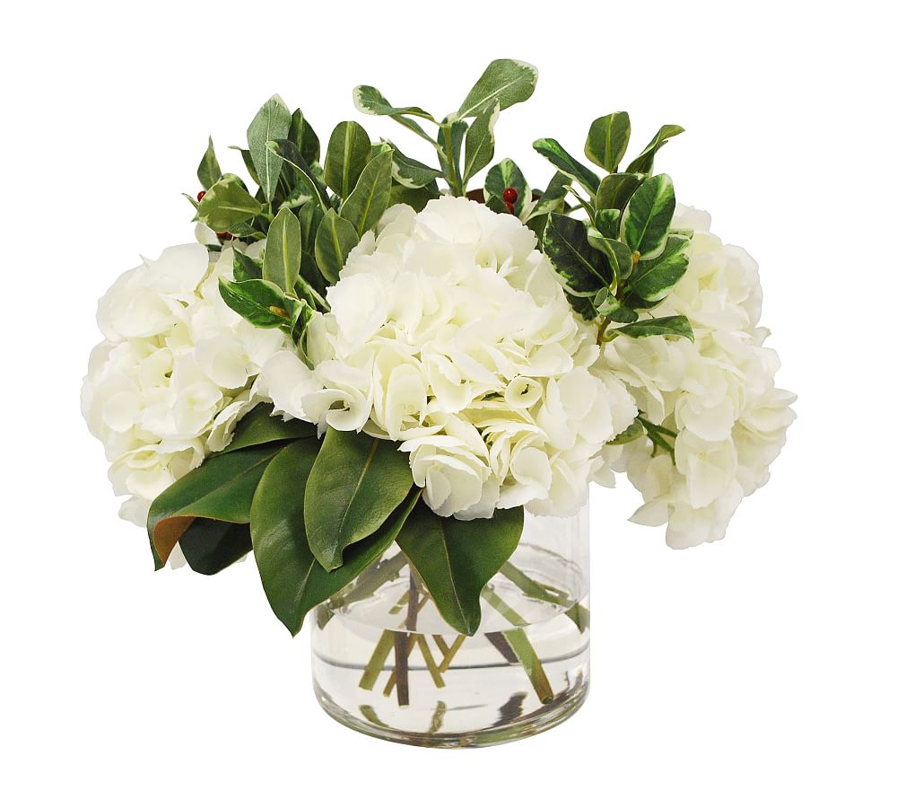 Faux White Hydrangeas &amp; Holly Arrangement in Glass Vase