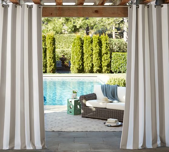 Sunbrella® Awning Stripe Outdoor Grommet Curtain | Pottery Barn