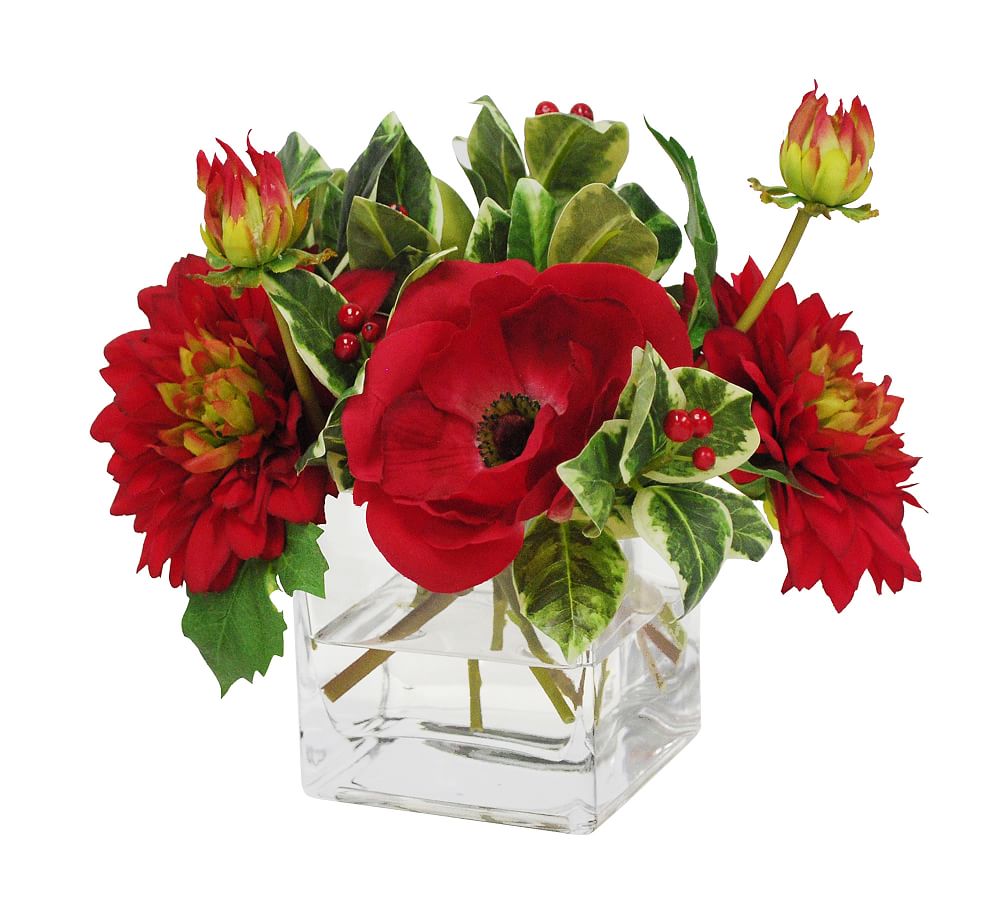 Faux Poppy &amp; Dahlia Mixed Arrangement in Square Glass Vase