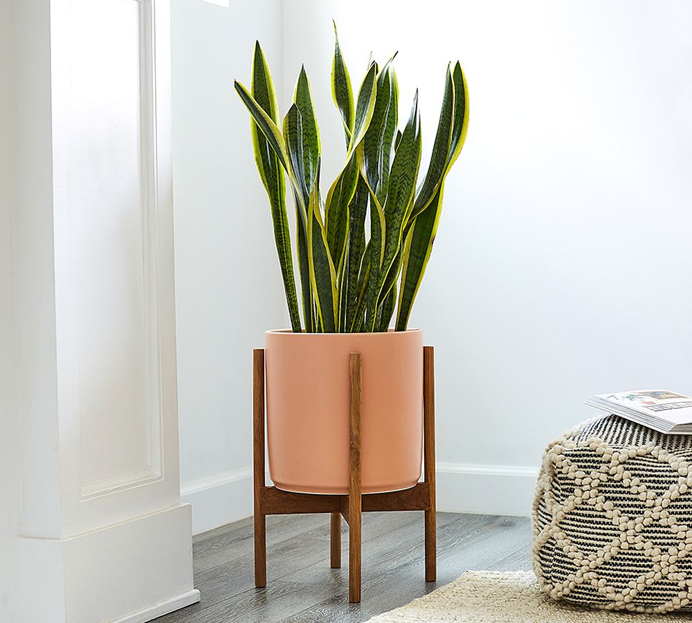 Modern Ceramic Planters With Wooden Stand, Peach