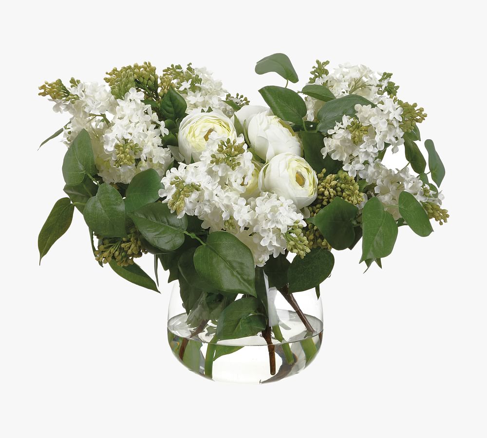 Faux Lilac &amp; Ranunculus Arrangement In Glass Vase