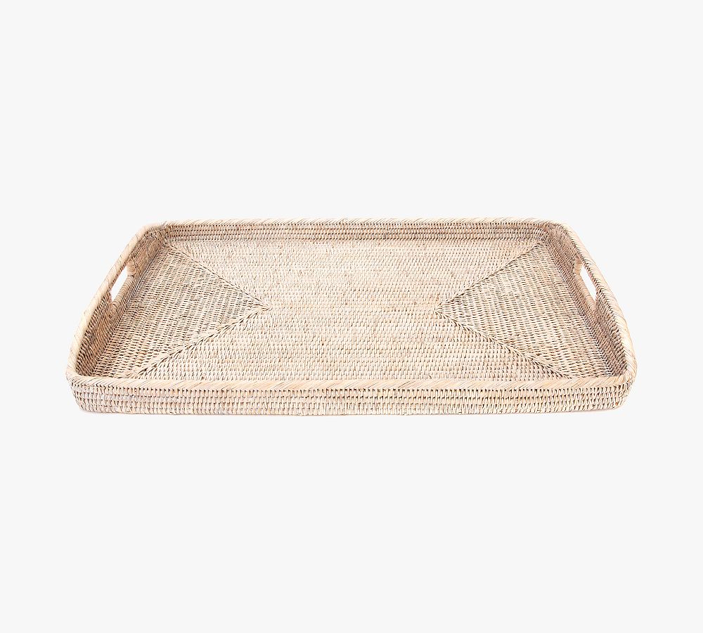 Tava Handwoven Rattan Rectangular Serving Tray - White Wash - 21"W x 14"L - Without Glass Insert