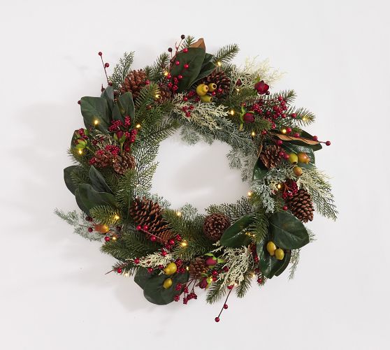 Lit Faux Pine and Berry Wreath & Garland