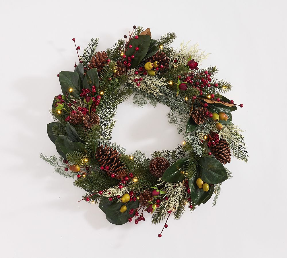 Lit Faux Pine and Berry Wreath &amp; Garland