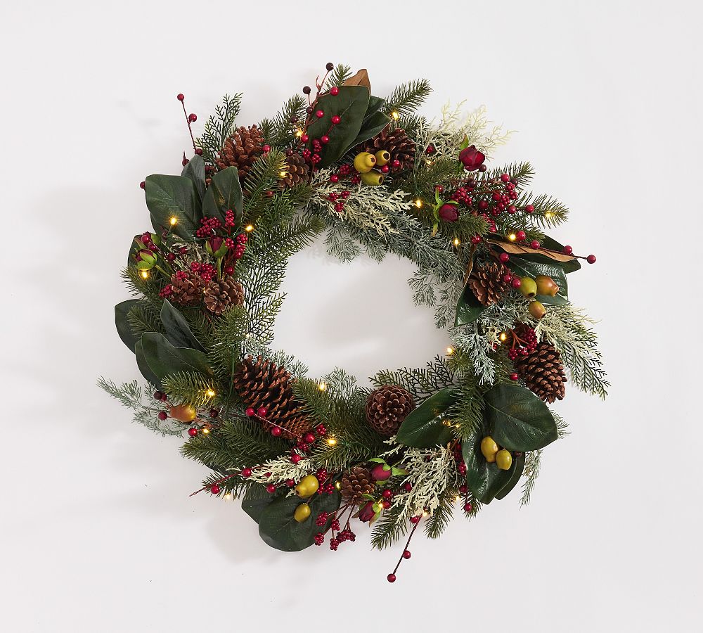 Lit Faux Pine and Berry Wreath 28"