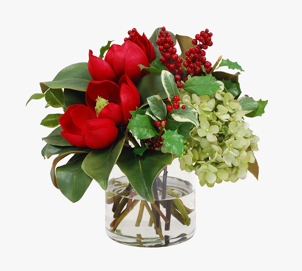 Faux Hydrangea &amp; Magnolia Arrangement in Glass Vase