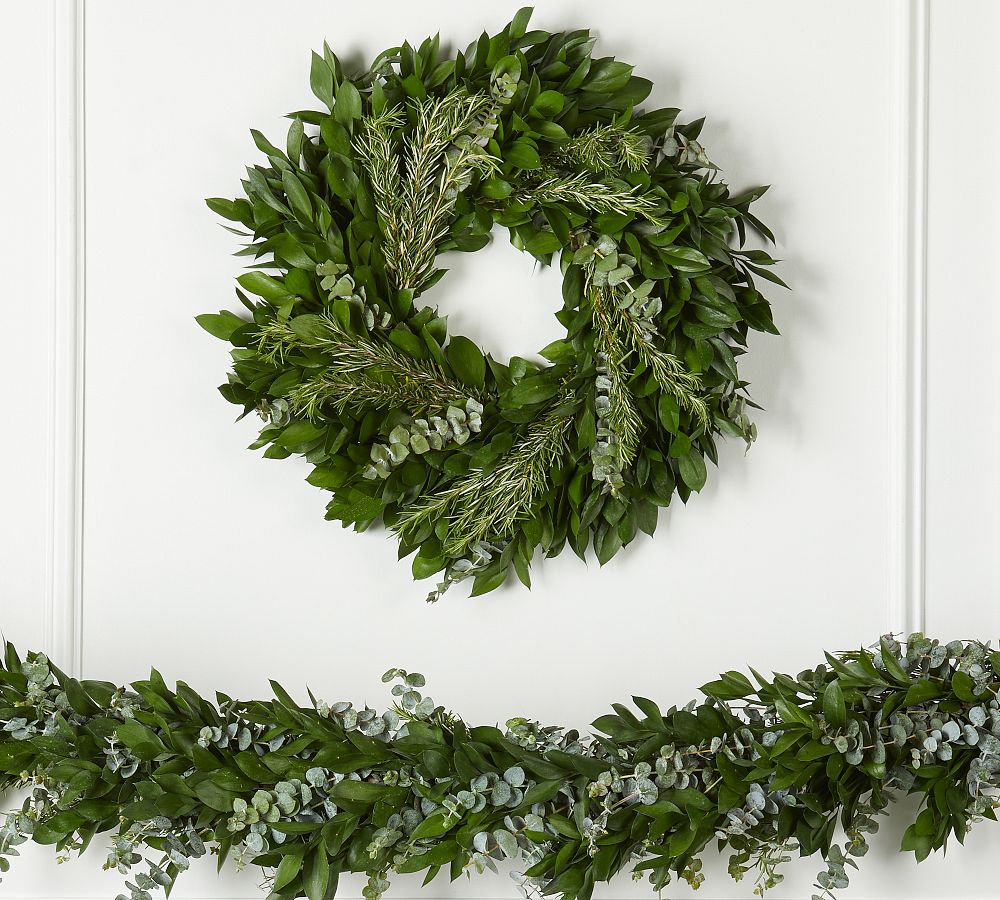 Live Ruscus, Baby Blue Eucalyptus &amp; Rosemary Wreath &amp; Garland