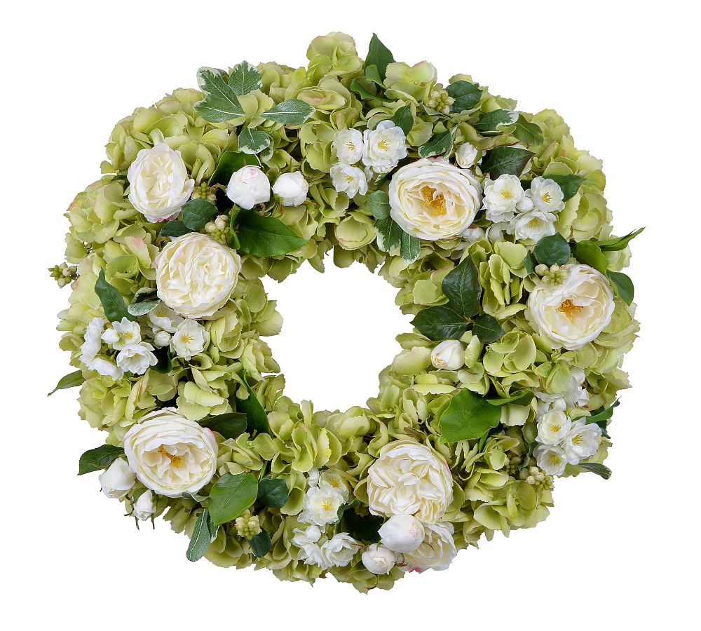 Faux White Rose &amp; Green Hydrangea Mixed Wreath
