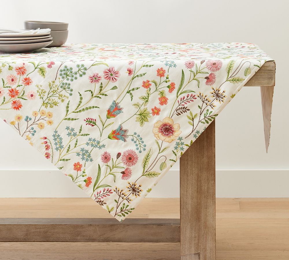 Spring Garden Embroidered Cotton Table Throw