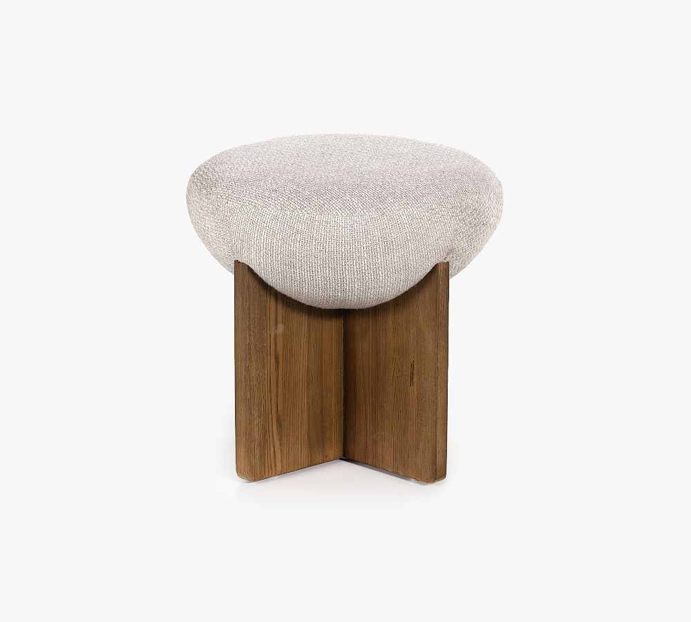18'' Contemporary White Round Ottoman with Ash Wood Base
