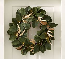 Pre-Lit Gold-Leaf Magnolia Wreath &amp; Garland