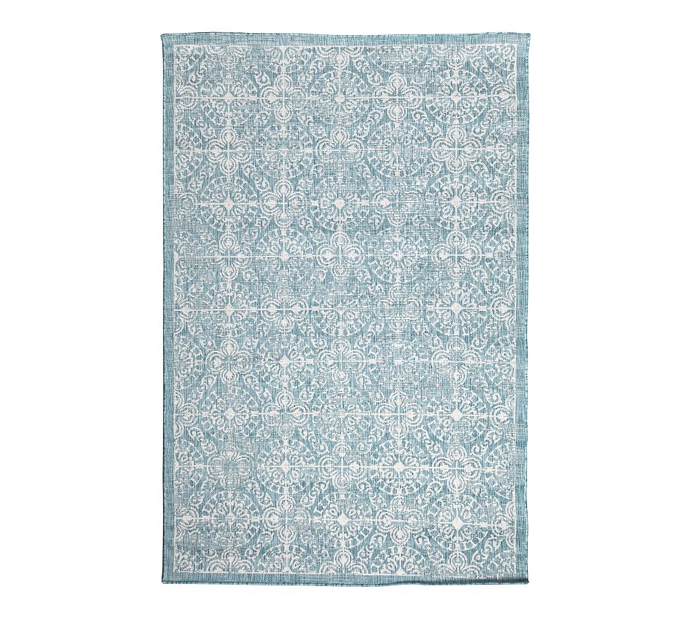 Aqua Antique Tile Medallion Square Outdoor Rug