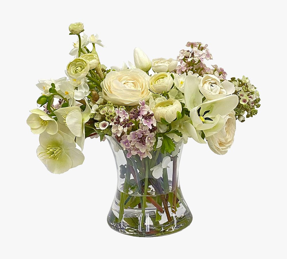 Faux Ranunculus &amp; Lilac Mix In Glass Vase