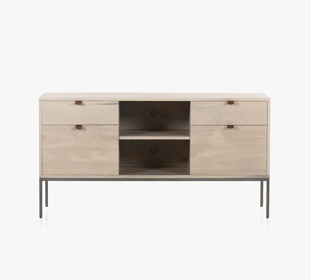 Contemporary White Modular Filing Credenza with Leather Pulls