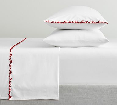 Merry Christmas Embroidered Percale Sheet Set Pottery Barn