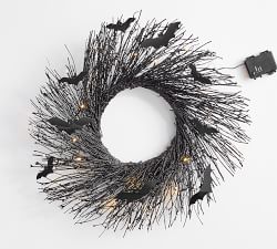 Lit Handcrafted Glitter Branch Wreath with Bats