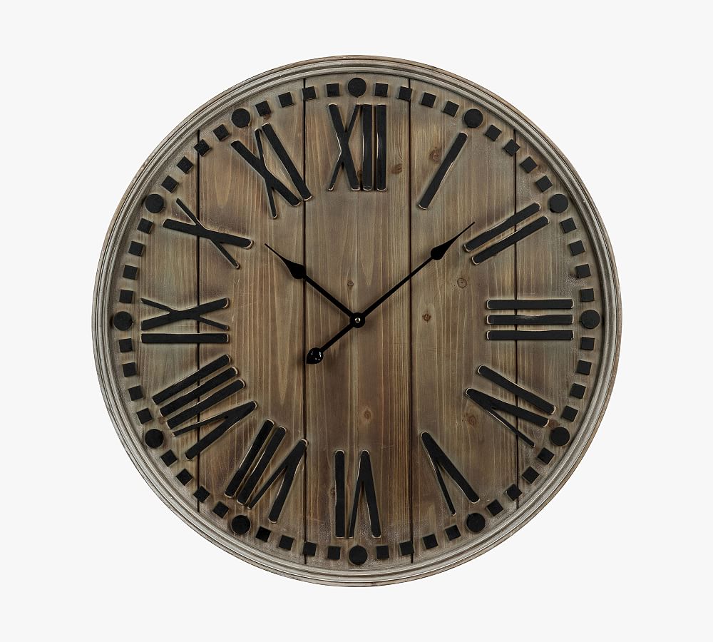 Vintage Firwood and MDF Oversized Wall Clock with Roman Numerals