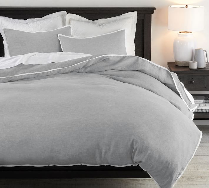 Pottery Barn White/Ebony Belgian Flax Linen Contrast selling Flange Duvet Cover, KING