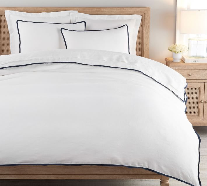 Pottery Barn White/Ebony Belgian Flax Linen Contrast Flange buy Duvet Cover, KING