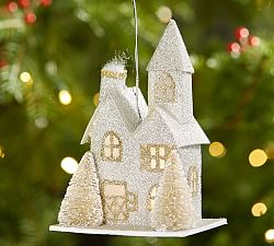 Lit Glitter House Ornament - Silver