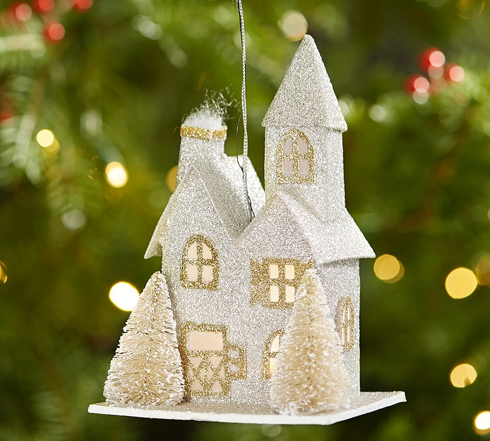 Lit Glitter House Ornament - Silver