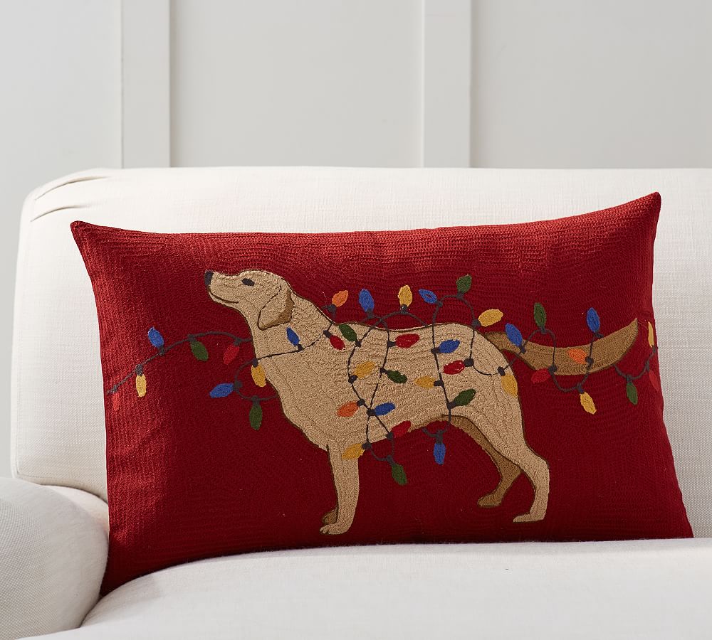 Dog with Lights Crewel Lumbar Decorative Pillow Cover | Pottery Barn