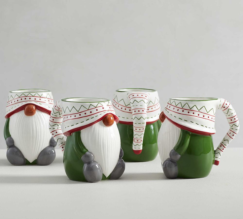 Festive Gnome Shaped Ceramic Mugs - Set of 4