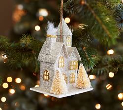 Lit Glitter House Ornament - Silver