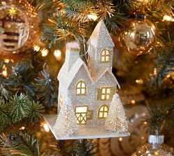 Lit Glitter House Ornament - Silver