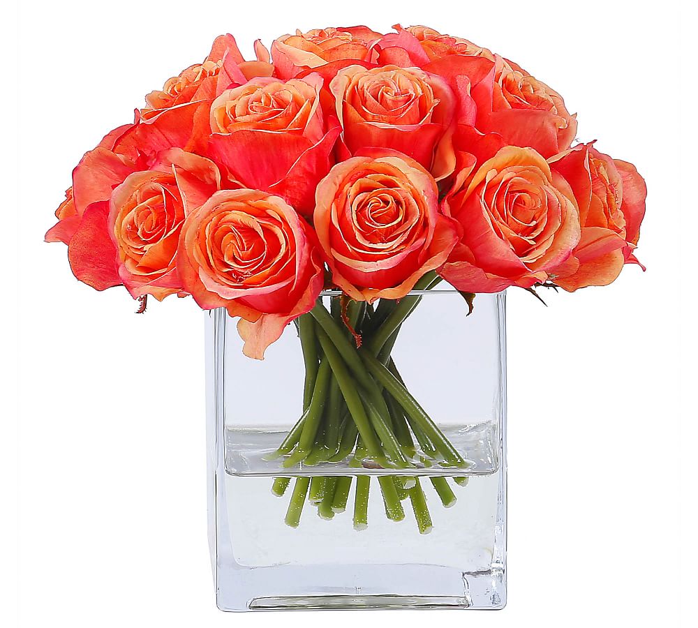 Faux Rose Arrangement in Square Vase