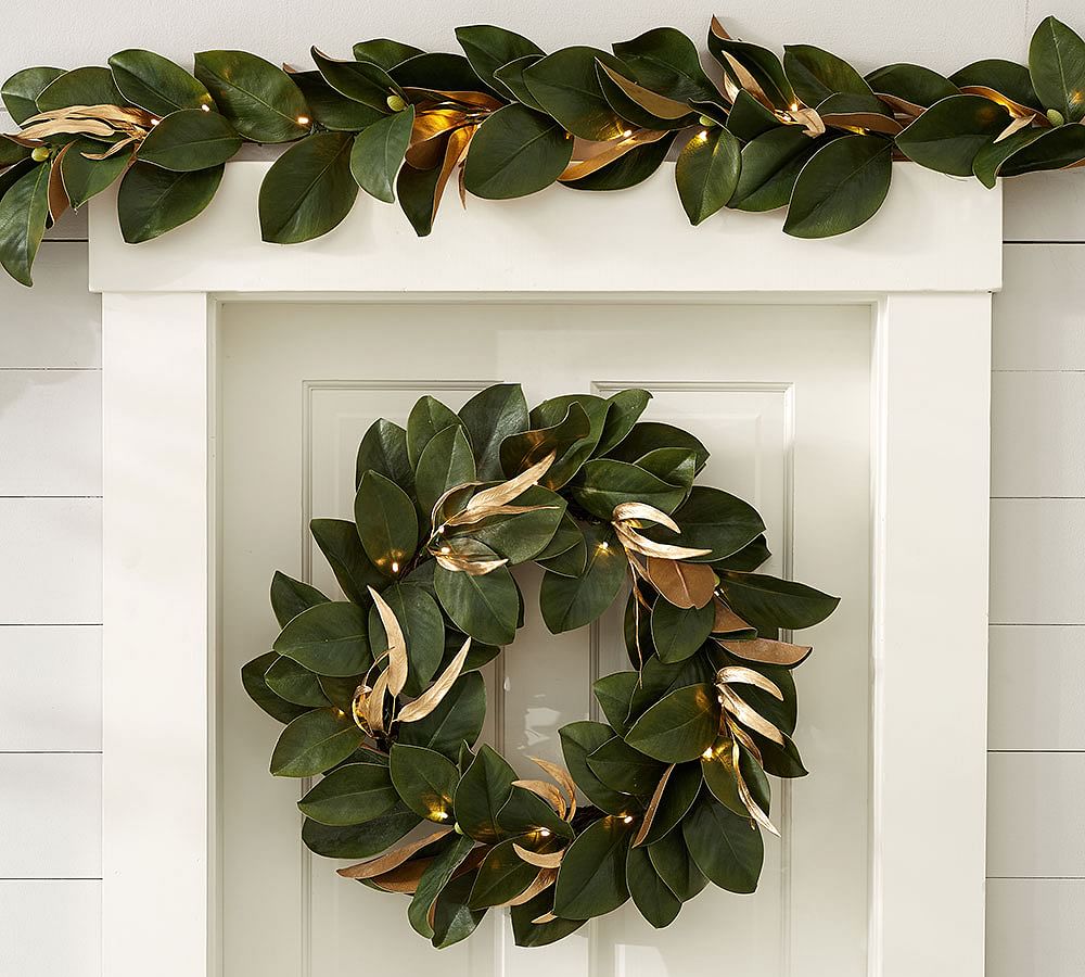 Pre-Lit Gold-Leaf Magnolia Wreath &amp; Garland