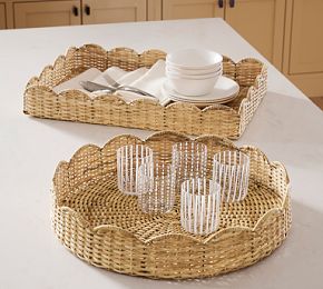 Beau Handwoven Scallop Rattan Tray | Pottery Barn