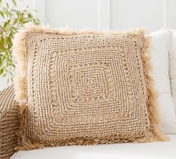 Faux Natural Fiber Crochet Fringe Outdoor Pillow