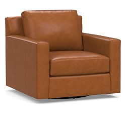 York Square Arm Leather Swivel Armchair, Polyester Wrapped Cushions, Signature Maple