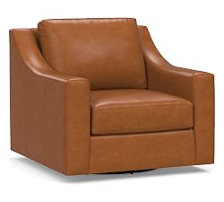 York Slope Arm Leather Swivel Armchair, Polyester Wrapped Cushions, Signature Maple