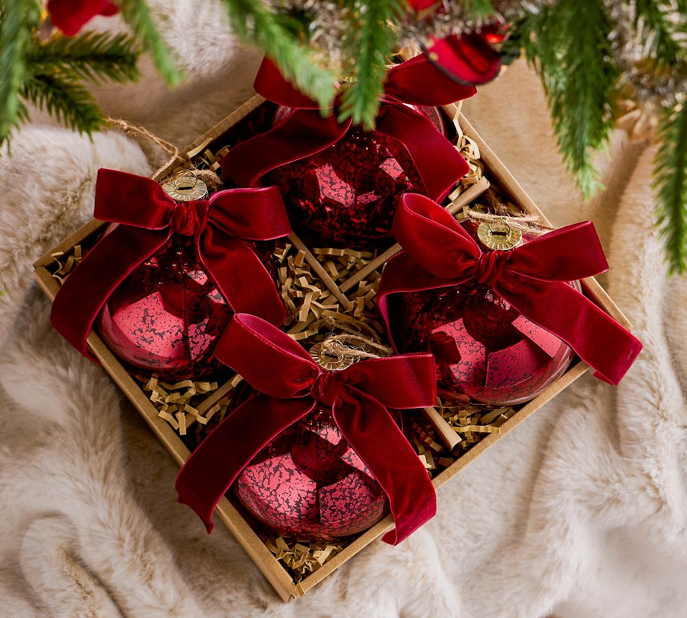 Mercury Glass Ball Ornaments with Bows Set of 4 Pottery Barn