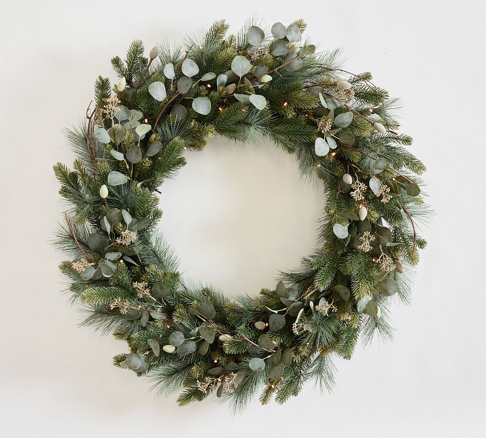 Lit Faux Eucalyptus and Pine Wreath & Garland - Pottery Barn